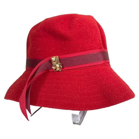 Vintage Banana Republic Red Wool Women's Hat Ribbon Trim Gold Pearl Embellished - Picture 6 of 8